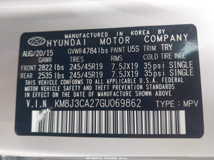2016 Hyundai Tucson Limited VIN: KM8J3CA27GU069862 Lot: 45653135