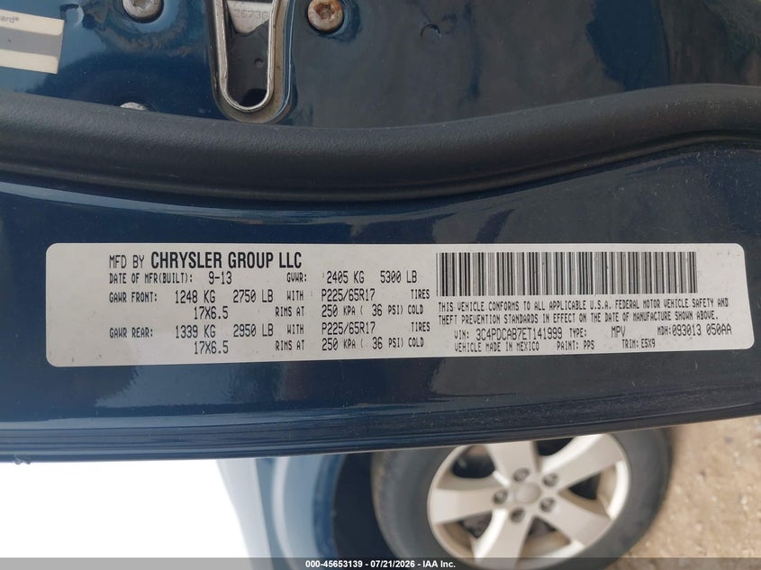 2014 Dodge Journey Se VIN: 3C4PDCAB7ET141999 Lot: 45653139
