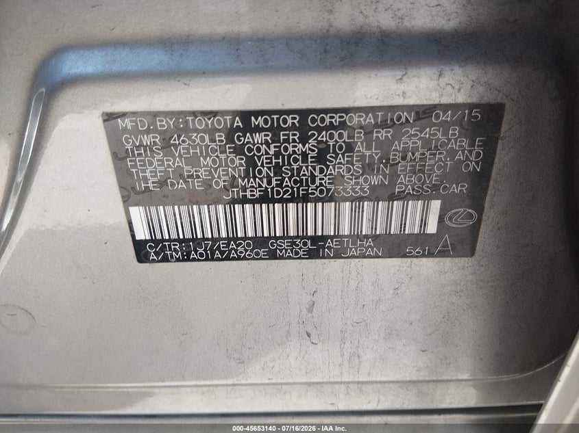 2015 Lexus Is 250 VIN: JTHBF1D21F5073333 Lot: 45653140