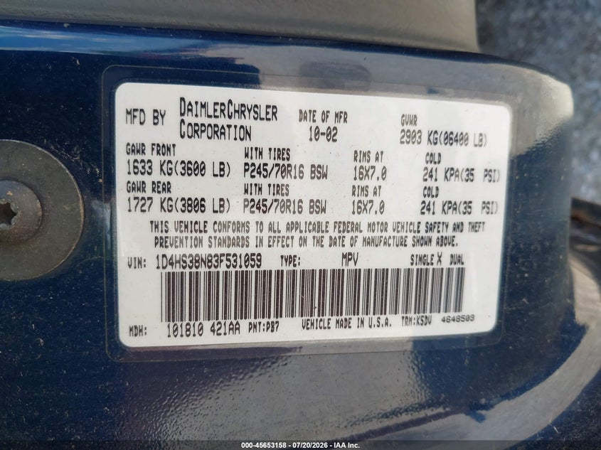 2003 Dodge Durango Sport/Sxt VIN: 1D4HS38N83F531059 Lot: 45653158