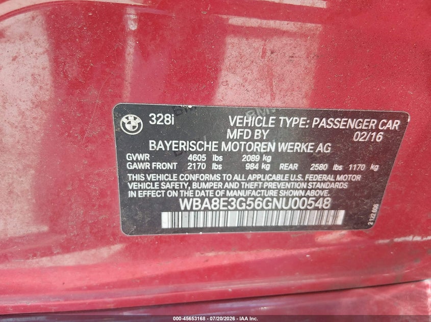 2016 BMW 328I xDrive VIN: WBA8E3G56GNU00548 Lot: 45653168