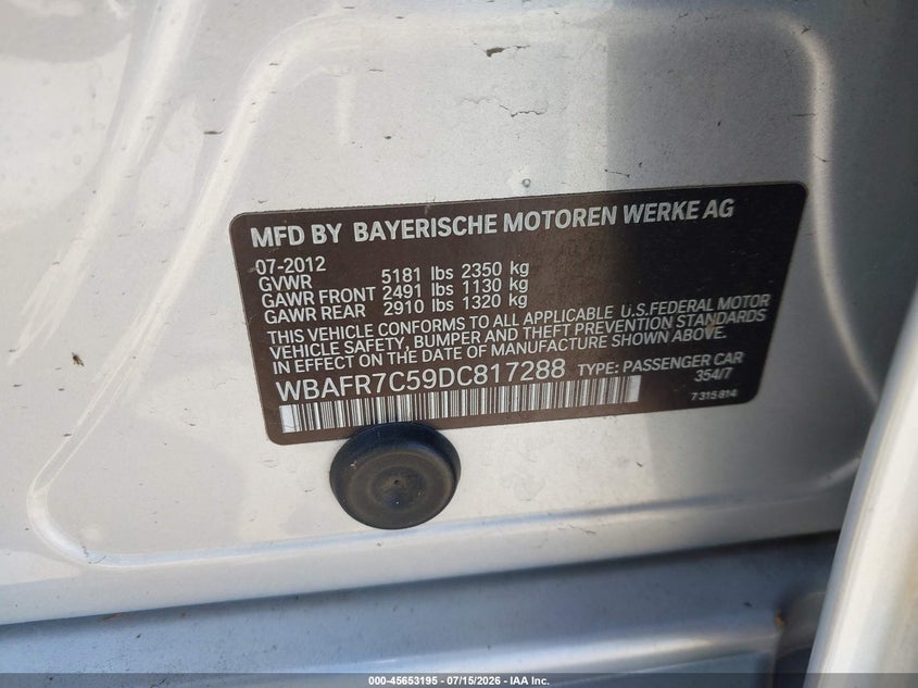 2013 BMW 535I VIN: WBAFR7C59DC817288 Lot: 45653195