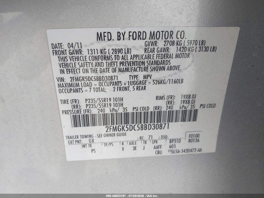 2011 Ford Flex Limited VIN: 2FMGK5DC5BBD30871 Lot: 45653197