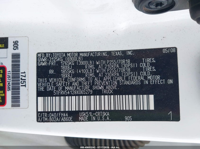 2008 Toyota Tundra Base 5.7L V8 VIN: 5TFRV54128X065279 Lot: 45653243