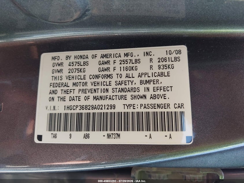 2009 Honda Accord 3.5 Ex-L VIN: 1HGCP36829A021299 Lot: 45653293