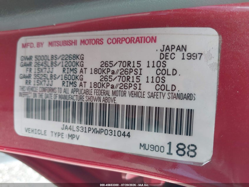 1998 Mitsubishi Montero Sport Ls VIN: JA4LS31PXWP031044 Lot: 45653300