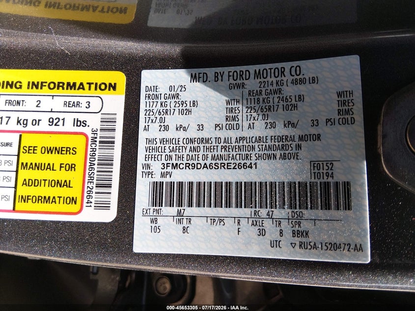 2025 Ford Bronco Sport Badlands VIN: 3FMCR9DA6SRE26641 Lot: 45653305