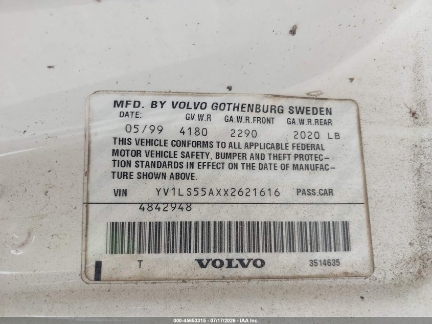 1999 Volvo S70 VIN: YV1LS55AXX2621616 Lot: 45653315