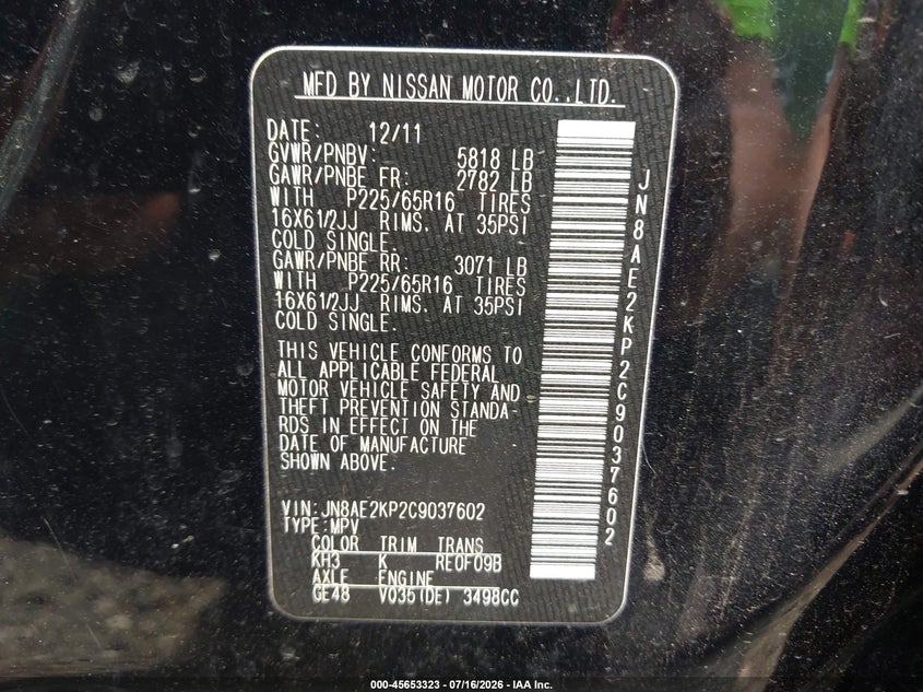 2012 Nissan Quest S VIN: JN8AE2KP2C9037602 Lot: 45653323
