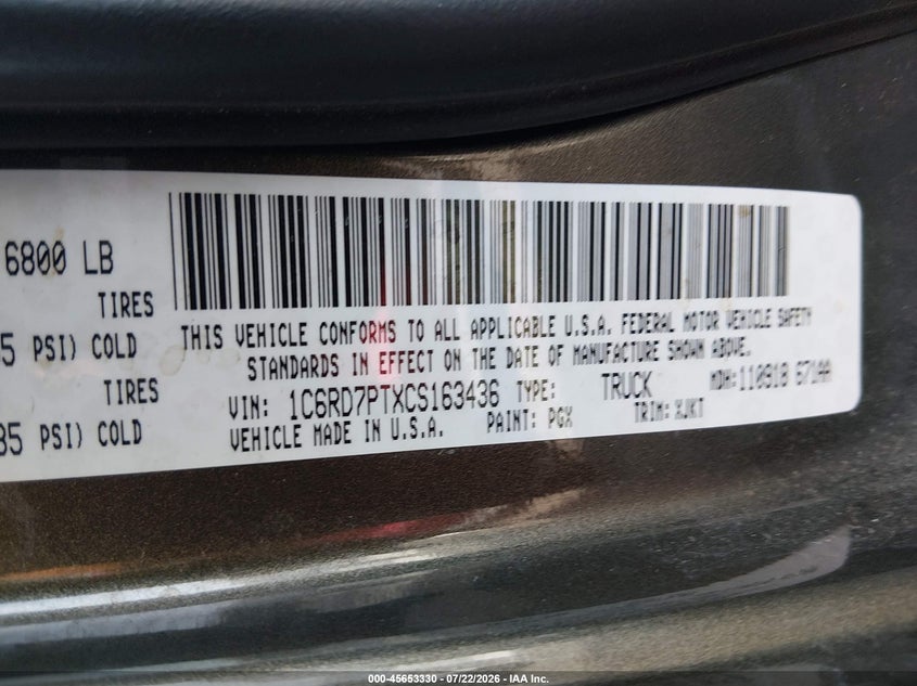 RAM 1500 2012 VIN 1C6RD7PTXCS163436