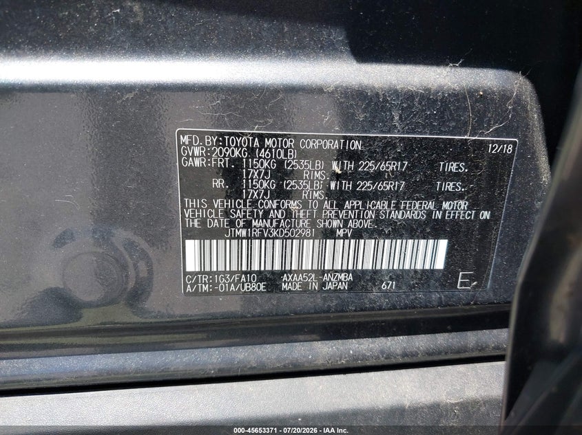 2019 Toyota Rav4 Xle VIN: JTMW1RFV3KD502981 Lot: 45653371
