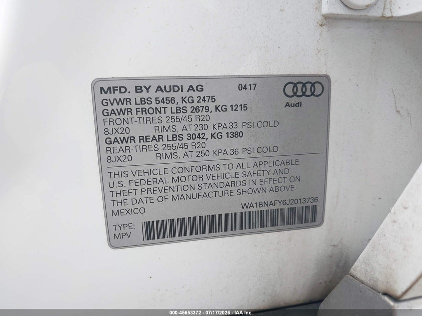 2018 Audi Q5 2.0T Premium/2.0T Tech Premium VIN: WA1BNAFY6J2013736 Lot: 45653372