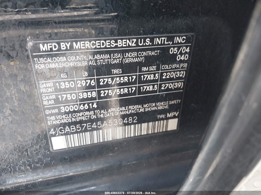 2005 Mercedes-Benz Ml 350 4Matic VIN: 4JGAB57E45A530482 Lot: 45653378