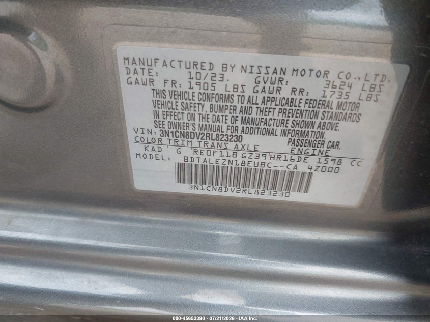 2024 Nissan Versa 1.6 S VIN: 3N1CN8DV2RL823230 Lot: 45653390