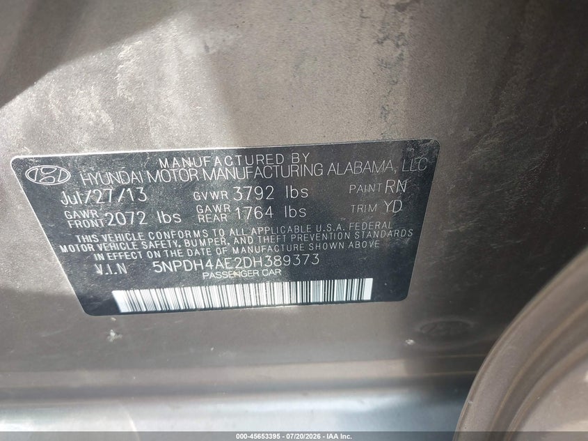 2013 Hyundai Elantra Gls VIN: 5NPDH4AE2DH389373 Lot: 45653395