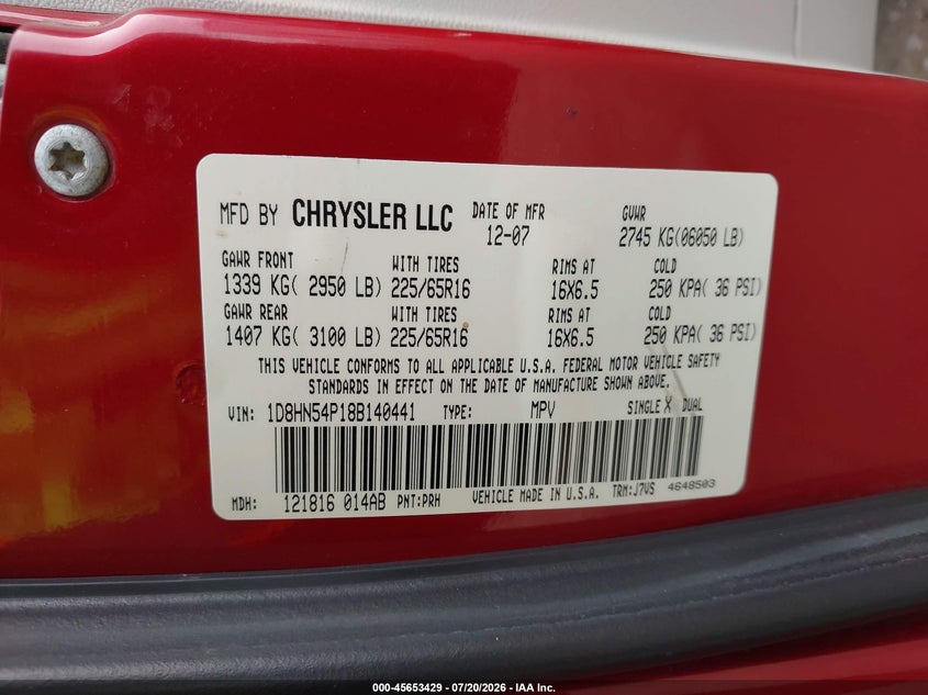 2008 Dodge Grand Caravan Sxt VIN: 1D8HN54P18B140441 Lot: 45653429