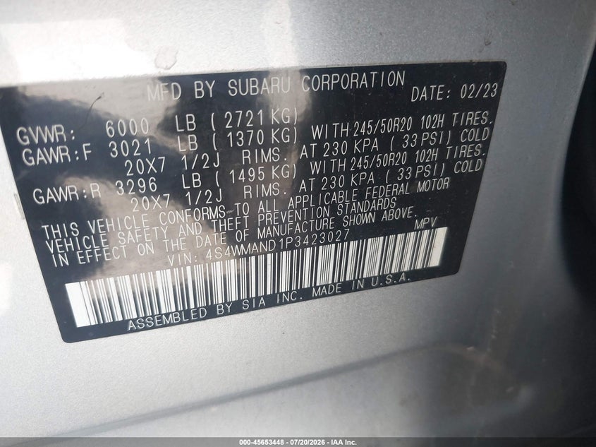 2023 Subaru Ascent Limited 8-Passenger VIN: 4S4WMAND1P3423027 Lot: 45653448