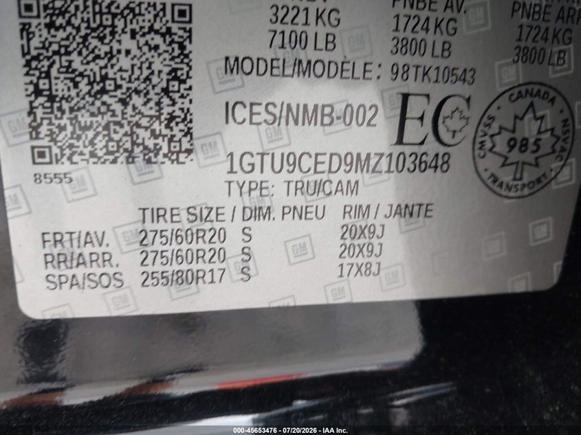 2021 GMC Sierra 1500 Elevation VIN: 1GTU9CED9MZ103648 Lot: 45653476