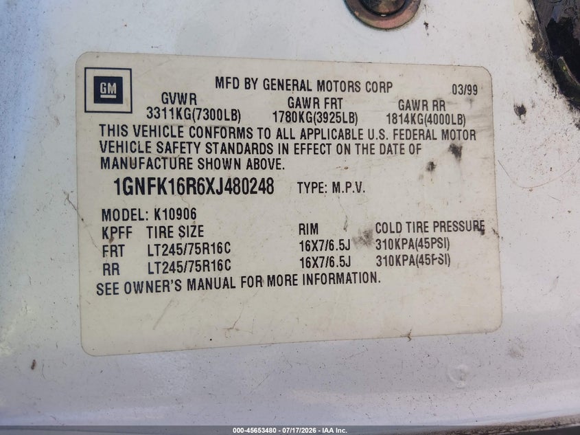 1999 Chevrolet Suburban K1500 VIN: 1GNFK16R6XJ480248 Lot: 45653480