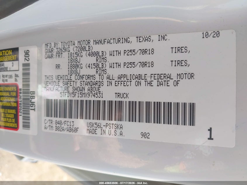 2021 Toyota Tundra Sr5 VIN: 5TFDY5F15MX974531 Lot: 45653506