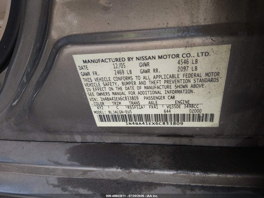2006 Nissan Maxima 3.5 Sl VIN: 1N4BA41EX6C833809 Lot: 45653511