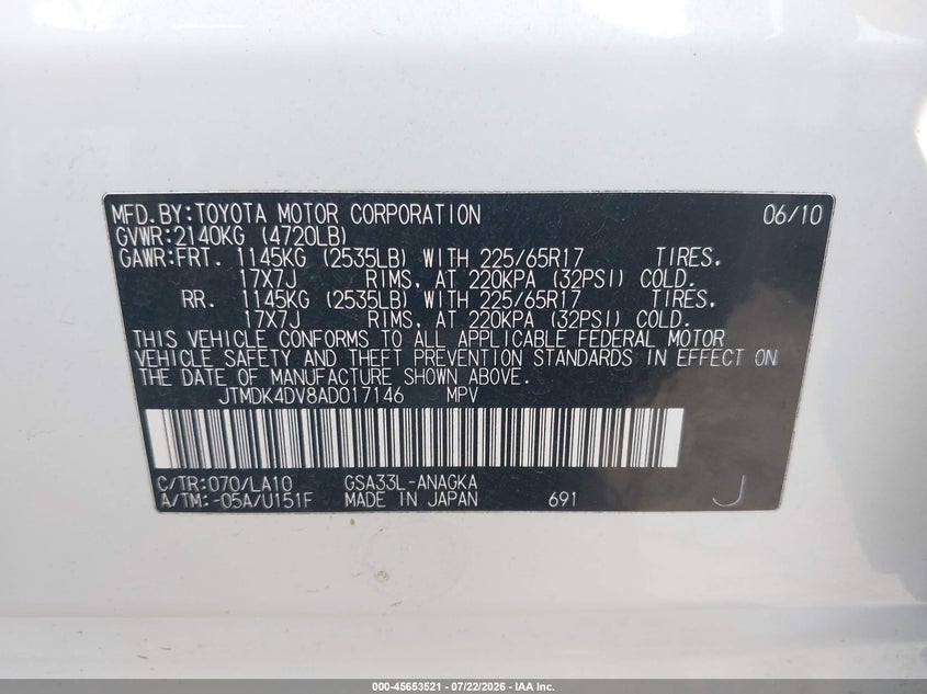 2010 TOYOTA RAV 4 SPORT UTILITY VEHICLE 3.5L V-6 DOHC, VVT, 269HP