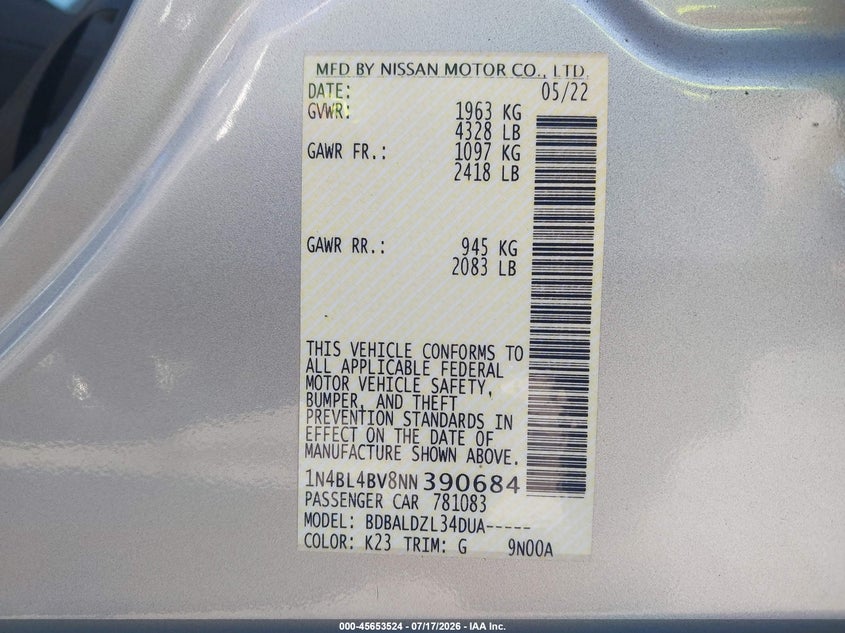 NISSAN ALTIMA 2022 VIN 1N4BL4BV8NN390684