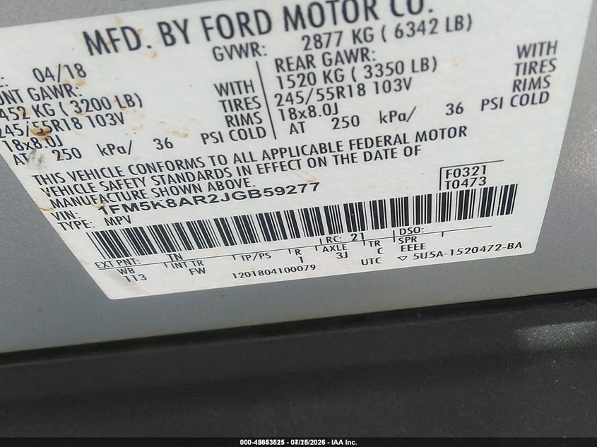 2018 Ford Police Interceptor VIN: 1FM5K8AR2JGB59277 Lot: 45653525
