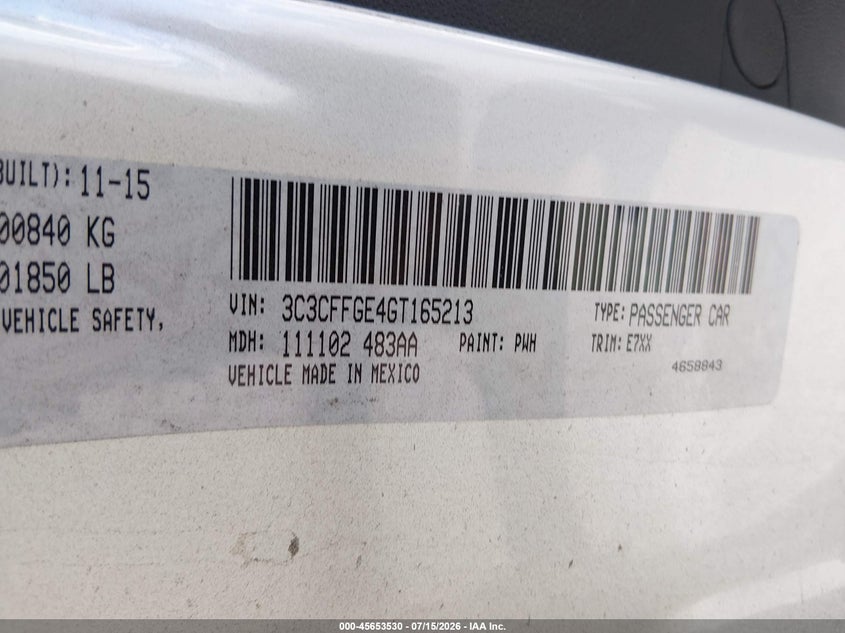 2016 Fiat 500E Battery Electric VIN: 3C3CFFGE4GT165213 Lot: 45653530