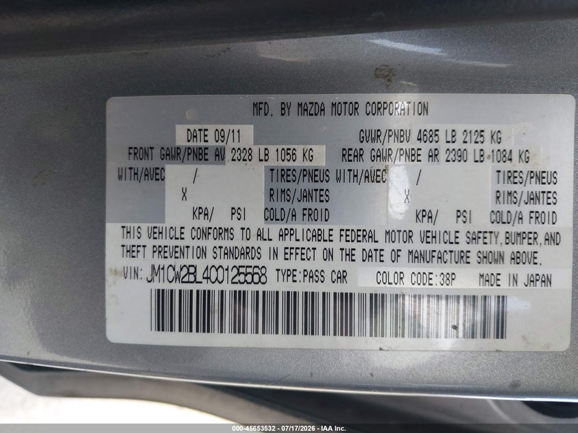 2012 Mazda Mazda5 Sport VIN: JM1CW2BL4C0125568 Lot: 45653532