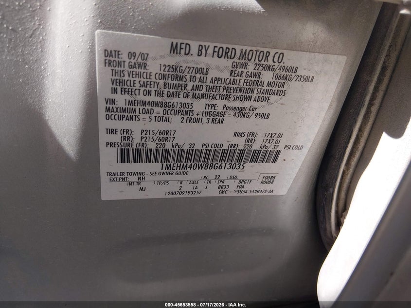 2008 Mercury Sable VIN: 1MEHM40W88G613035 Lot: 45653558