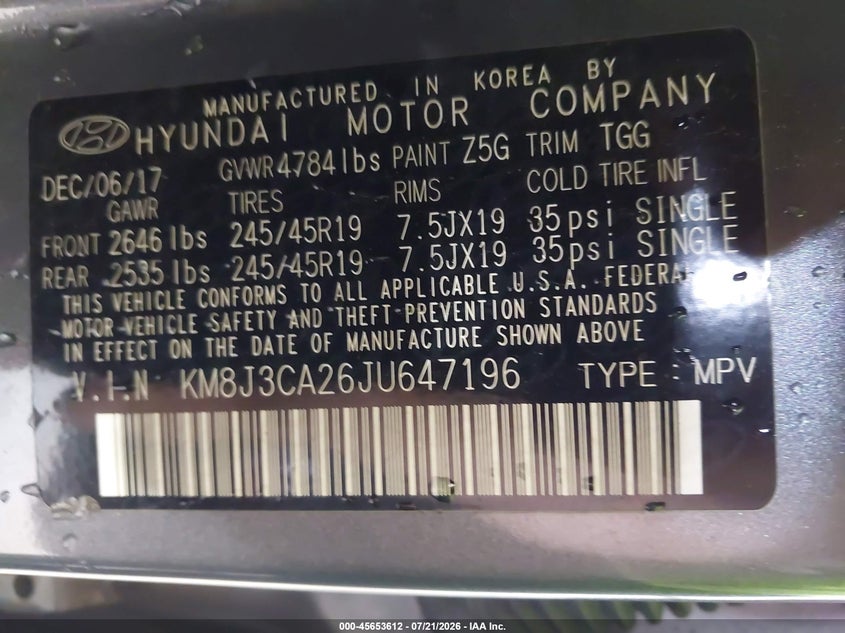 2018 Hyundai Tucson Value VIN: KM8J3CA26JU647196 Lot: 45653612