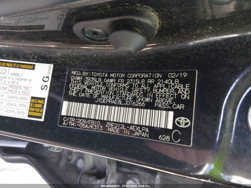 2020 Toyota Corolla Le VIN: JTDEPRAE8LJ016266 Lot: 45653623