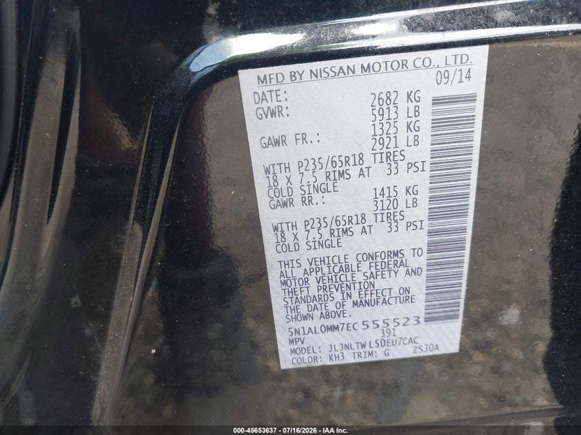2014 Infiniti Qx60 VIN: 5N1AL0MM7EC555523 Lot: 45653637