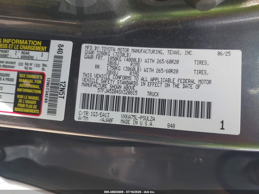 2025 Toyota Tundra Limited VIN: 5TFJA5DB4SX320815 Lot: 45653689