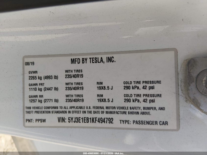 2019 Tesla Model 3 Long Range/Performance VIN: 5YJ3E1EB1KF494792 Lot: 45653690