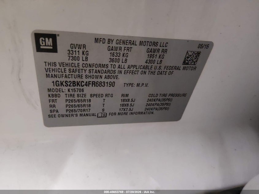 2015 GMC Yukon Slt VIN: 1GKS2BKC4FR683190 Lot: 45653769