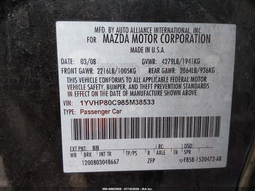2008 Mazda Mazda6 I Sport Ve VIN: 1YVHP80C985M38533 Lot: 45653808