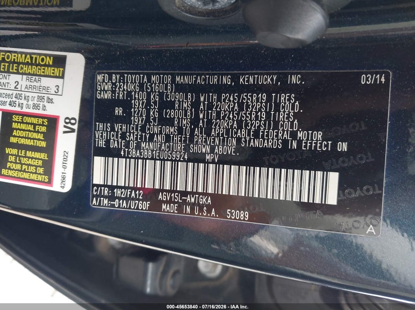 2014 Toyota Venza Le VIN: 4T3BA3BB1EU059924 Lot: 45653840