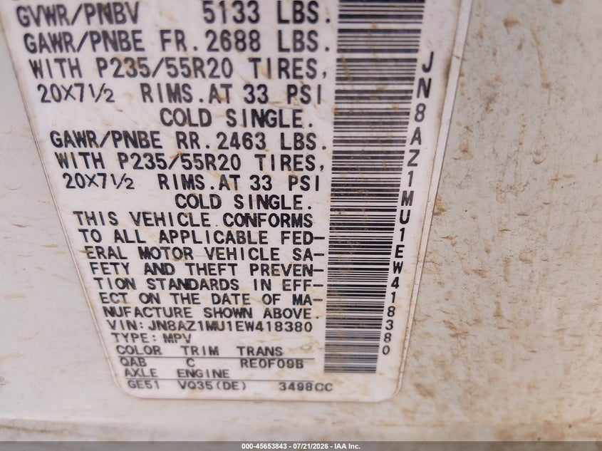 2014 Nissan Murano Le VIN: JN8AZ1MU1EW418380 Lot: 45653843