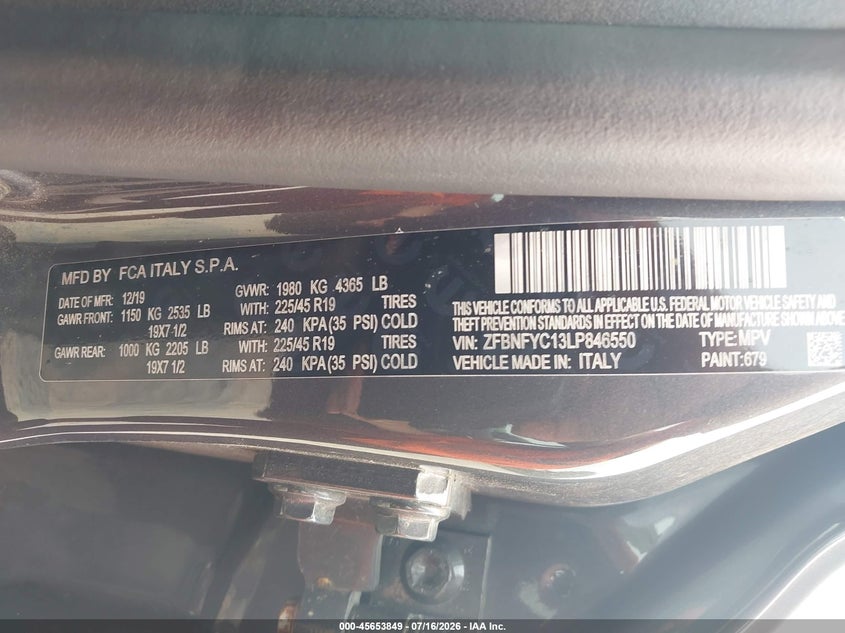 2020 Fiat 500X Sport Awd VIN: ZFBNFYC13LP846550 Lot: 45653849