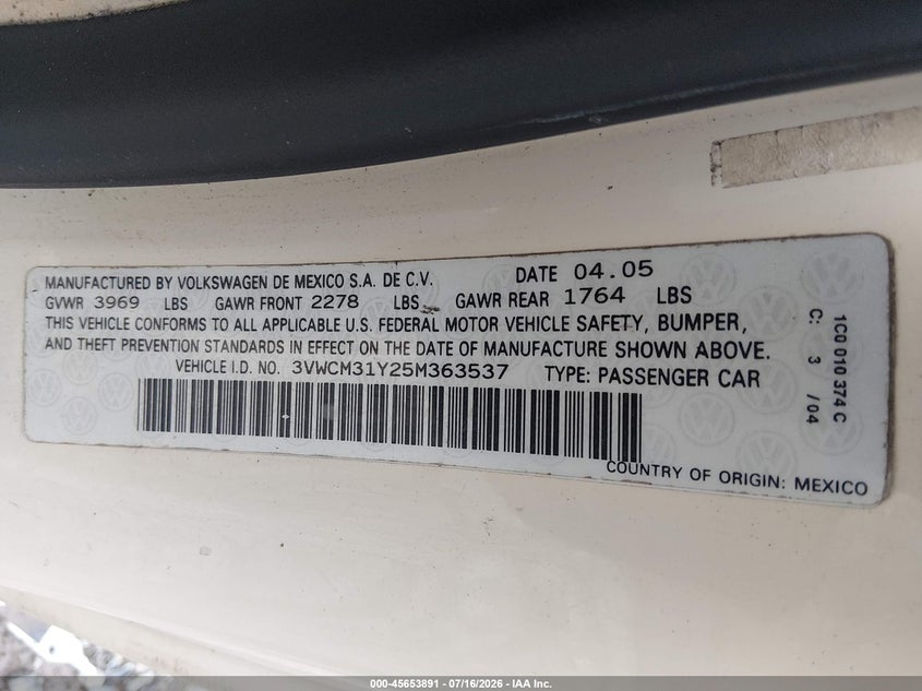 2005 Volkswagen New Beetle Gls VIN: 3VWCM31Y25M363537 Lot: 45653891