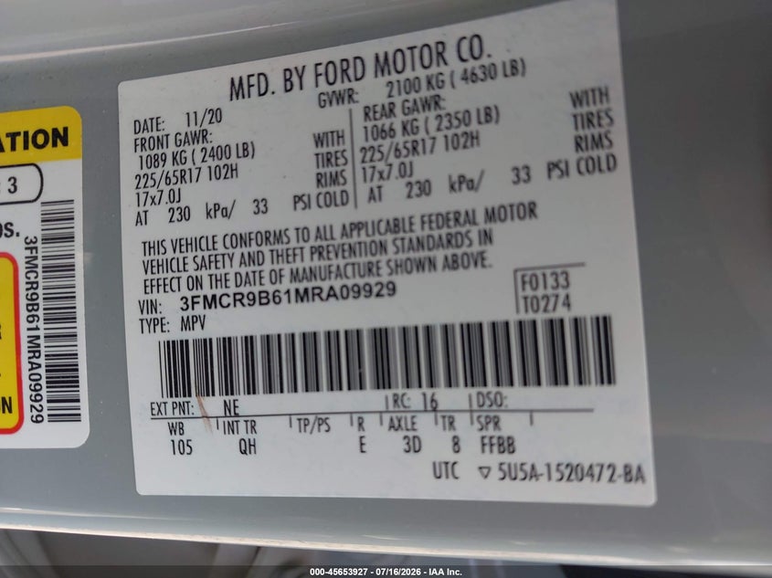 2021 Ford Bronco Sport Big Bend VIN: 3FMCR9B61MRA09929 Lot: 45653927
