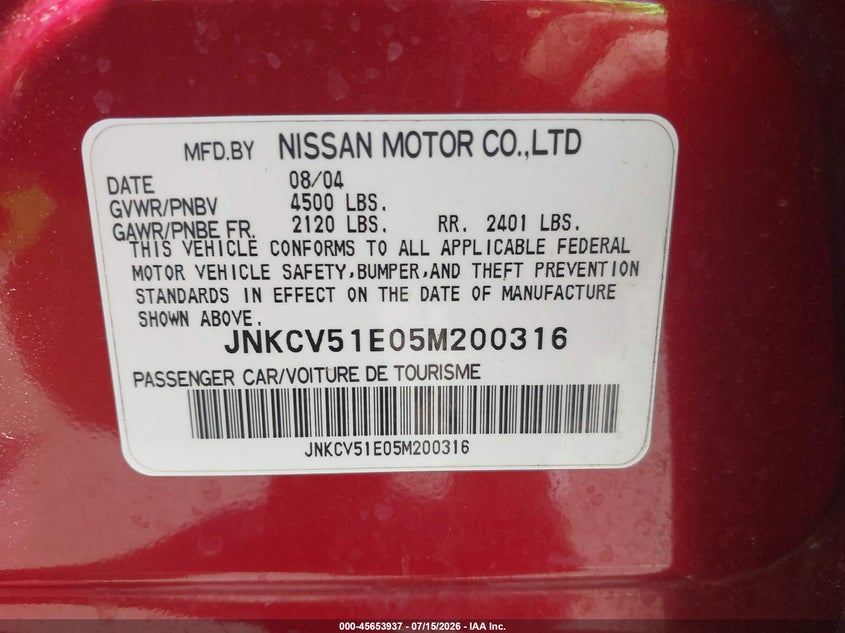 2005 Infiniti G35 VIN: JNKCV51E05M200316 Lot: 45653937