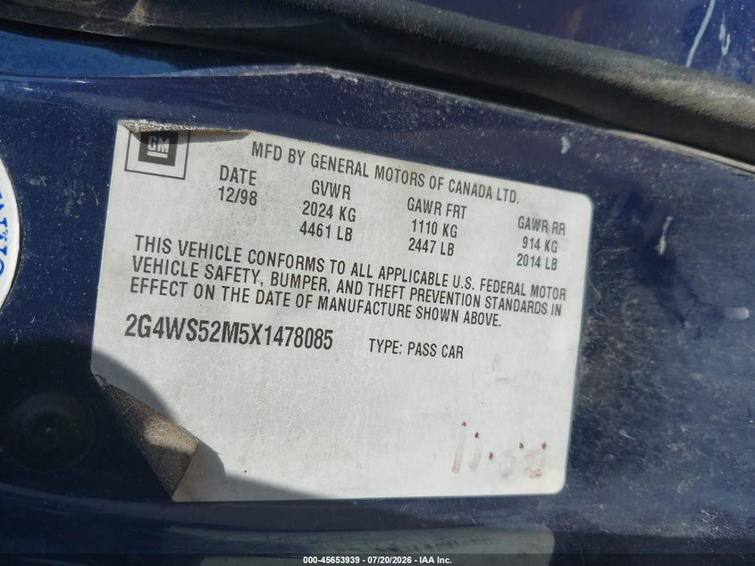 1999 Buick Century Custom VIN: 2G4WS52M5X1478085 Lot: 45653939