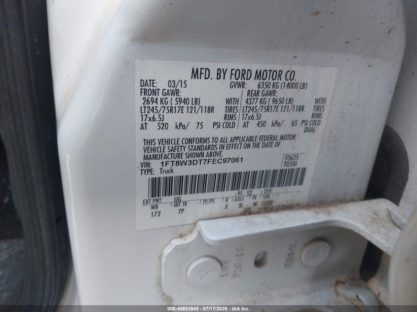 2015 Ford F-350 Lariat VIN: 1FT8W3DT7FEC97061 Lot: 45653945