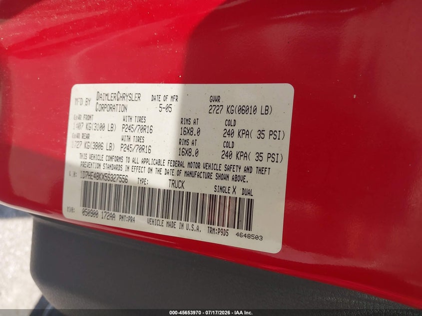 2005 Dodge Dakota Slt VIN: 1D7HE48KX5S327556 Lot: 45653970