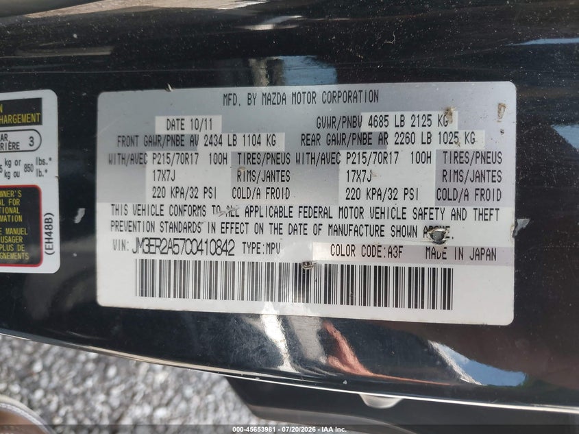 2012 Mazda Cx-7 I Sv VIN: JM3ER2A57C0410842 Lot: 45653981