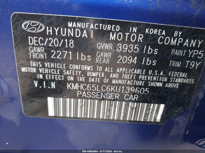 2019 Hyundai Ioniq Hybrid Blue VIN: KMHC65LC6KU139605 Lot: 45653984