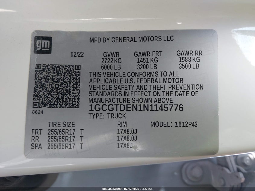 2022 Chevrolet Colorado 4Wd Short Box Z71 VIN: 1GCGTDEN1N1145776 Lot: 45653999